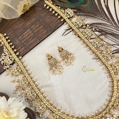 Vriksham Designer Dual Peacock Style Guttapusalu Long Neckpiece-White-Rice Pearl-G19162