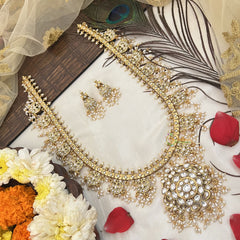 Vriksham Designer Dual Peacock Style Guttapusalu Long Neckpiece-White-Rice Pearl-G19162