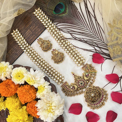 Vriksham Antique Gold White Kundan With Floral Pendant Long Haram-Gold Bead-G19164