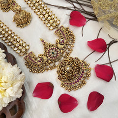 Vriksham Antique Gold White Kundan With Floral Pendant Long Haram-Gold Bead-G19164