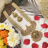 Vriksham Antique Gold White Kundan With Floral Pendant Long Haram-Gold Bead-G19164