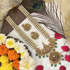 Vriksham Antique Gold White Kundan With Floral Pendant Long Haram-Green Bead-G19163