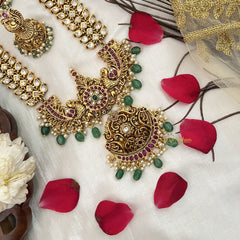 Vriksham Antique Gold White Kundan With Floral Pendant Long Haram-Green Bead-G19163