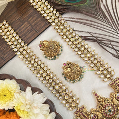 Vriksham Antique Gold White Kundan With Floral Pendant Long Haram-Green Bead-G19163