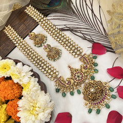 Vriksham Antique Gold White Kundan With Floral Pendant Long Haram-Green Bead-G19163