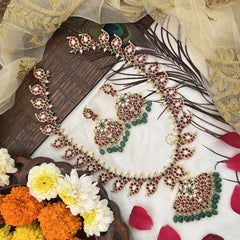 Vriksham Designer Reversible Manga With Floral Pendant Long Neckpiece-Green Bead-G19168