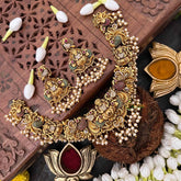 Vriksham Lakshmi & Peacock Diamond Short Neckpiece-Red Green-Pearls-G21506