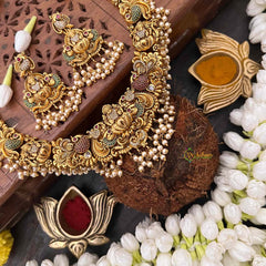 Vriksham Lakshmi & Peacock Diamond Short Neckpiece-Red Green-Pearls-G21506