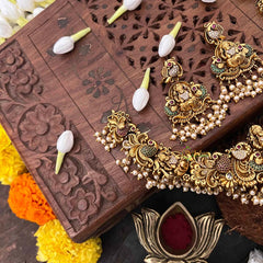 Vriksham Lakshmi & Peacock Diamond Short Neckpiece-Red Green-Pearls-G21506