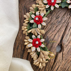 Vriksham Bridal Red Rose Veni with Gold Beads-Flower Accessory-H877