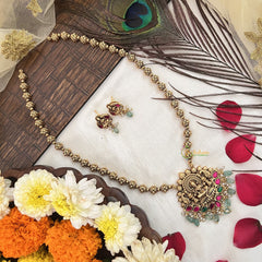 Vriksham Traditional Gold Lakshmi Pendant Haram Neckpiece-Green Bead-G19166