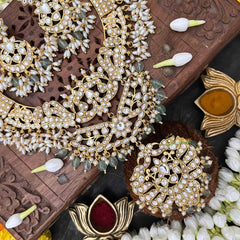 Vriksham Regal White Look Kundan Jadau Neckpiece-Rice Pearl-Aqua Green Bead-J4111