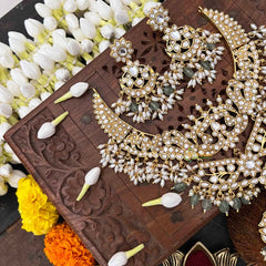 Vriksham Regal White Look Kundan Jadau Neckpiece-Rice Pearl-Aqua Green Bead-J4111