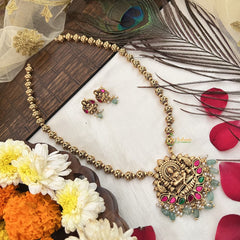 Vriksham Traditional Gold Lakshmi Pendant Haram Neckpiece-Green Bead-G19166