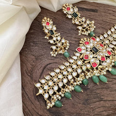 Vriksham Designer AD Stone High Neck Choker-White Red-Green Bead-Pearl-G15793