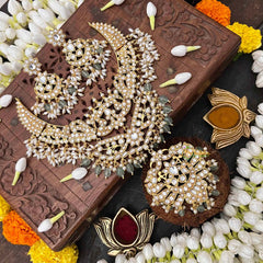 Vriksham Regal White Look Kundan Jadau Neckpiece-Rice Pearl-Aqua Green Bead-J4111