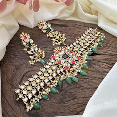 Vriksham Designer AD Stone High Neck Choker-White Red-Green Bead-Pearl-G15793