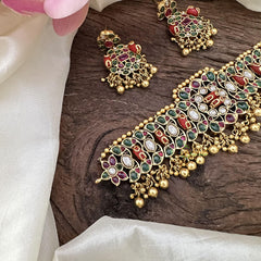 Vriksham Elegant AD Stone High Neck Choker-Coral-Green Red-Gold Bead-G15785