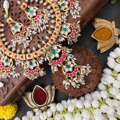 Vriksham Half Moon & Lotus Style Kundan Jadau Guttapusalu Short Neckpiece-Rice Pearls-J4115