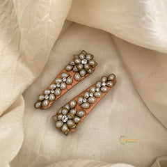 Kundan Hair Clip-Pearl Floral Leaf-H729