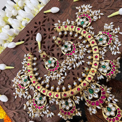 Vriksham Half Moon & Lotus Style Kundan Jadau Guttapusalu Short Neckpiece-Rice Pearls-J4115