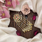 Vriksham Floral Design Multi Color Jada Billai- Red White & Green-Pearls & Gold Bead Drop Lines-G21026