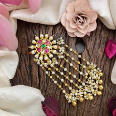 Vriksham Floral Design Multi Color Jada Billai- Red White & Green-Pearls & Gold Bead Drop Lines-G21026