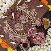 Vriksham Antique Nakshi Gandaberund Kundan Jadau Guttapusalu Short Neckpiece-Rice Pearls-J4114