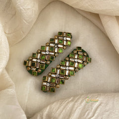 Kundan Hair Clip- Parrot Green Diamond-Dice Dots & White Bars-H724