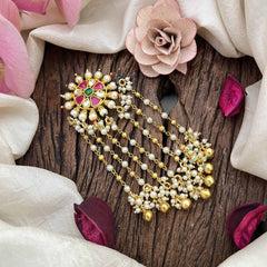 Vriksham Floral Design Multi Color Jada Billai- Red White & Green-Pearls & Gold Bead Drop Lines-G21026