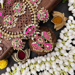 Vriksham Antique Nakshi Gandaberund Kundan Jadau Guttapusalu Short Neckpiece-Rice Pearls-J4114