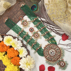 Vriksham Peacock Design green Beaded Necklace-Aqua Green Bead-G19130