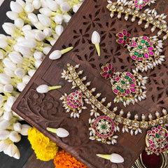 Vriksham Antique Nakshi Gandaberund Kundan Jadau Guttapusalu Short Neckpiece-Rice Pearls-J4114