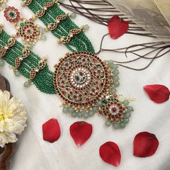 Vriksham Peacock Design green Beaded Necklace-Aqua Green Bead-G19130