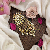 Vriksham Floral Design Orange Green Bead Jada Billai- White-Pearls Line Drop-G21023