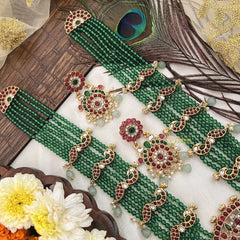 Vriksham Peacock Design green Beaded Necklace-Aqua Green Bead-G19130