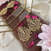 Vriksham Antique Dual Peacock Chand Bali Style Earring-Red Green-Gold Bead-G18228