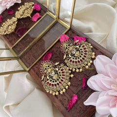 Vriksham Antique Dual Peacock Chand Bali Style Earring-Red Green-Gold Bead-G18228