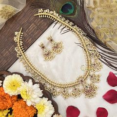 Vriksham Designer Half Moon With Floral Style Guttapusalu Long Neckpiece-Pearl-G19159