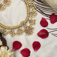 Vriksham Designer Half Moon With Floral Style Guttapusalu Long Neckpiece-Pearl-G19159