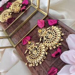 Vriksham Antique Dual Peacock Chand Bali Style Earring-Red Green-Gold Bead-G18228