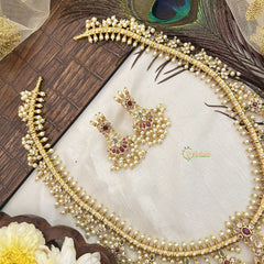 Vriksham Designer Half Moon With Floral Style Guttapusalu Long Neckpiece-Pearl-G19159