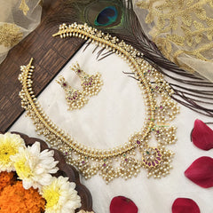 Vriksham Designer Half Moon With Floral Style Guttapusalu Long Neckpiece-Pearl-G19159