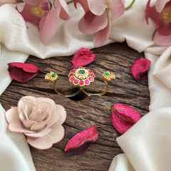 Vriksham Gold Look Alike Floral Dual Finger Ring-Green & Red-G20078