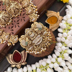 Vriksham Goddess Lakshmi & Peacock AD Diamond Short Neckpiece-Red Green-Gold Bead & Pearls-G21507