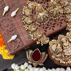 Vriksham Goddess Lakshmi & Peacock AD Diamond Short Neckpiece-Red Green-Gold Bead & Pearls-G21507