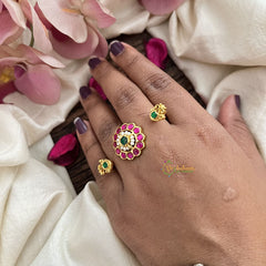 Vriksham Gold Look Alike Floral Dual Finger Ring-Green & Red-G20078