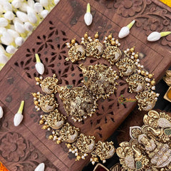 Vriksham Goddess Lakshmi & Peacock AD Diamond Short Neckpiece-Red Green-Gold Bead & Pearls-G21507