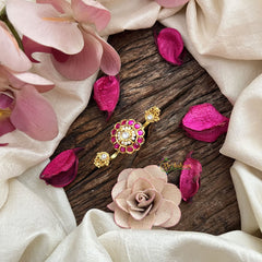 Vriksham Gold Look Alike Floral Dual Finger Ring-Red & White-G20075