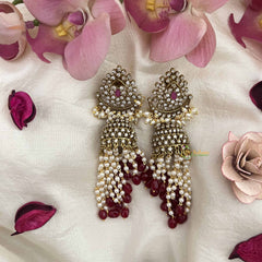 Vriksham Classic Pear Shape AD Silver Dome Jhumka Earrings-Rice Pearls-Red Bead-G20800